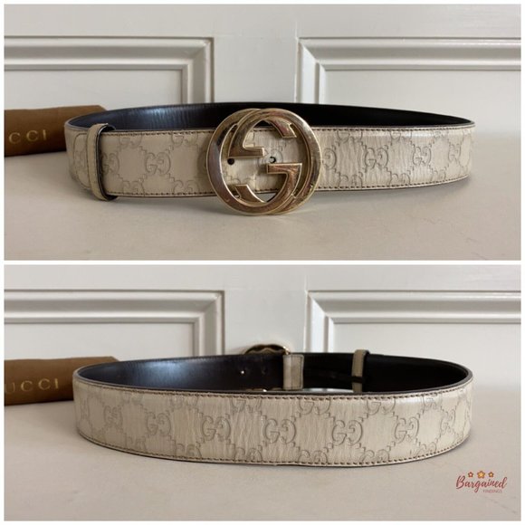 Authentic Gucci Cream Guccissima Leather Gold Interlocking G Buckle Belt 90/36 - Picture 5 of 13